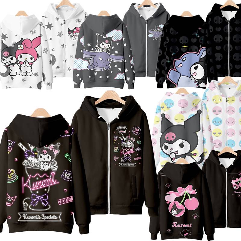 เสื้อแจ็กเก็ตแขนยาว มีฮู้ด พิมพ์ลายกราฟฟิคอนิเมะ Kuromi My Melody 3 มิติ ทรงหลวม โอเวอร์ไซซ์