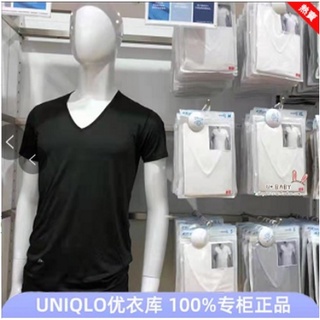 🔥🔥Uniqlo เสื้อยืดคอกลมแขนครึ่งคอวีตาข่าย AIRism แบบแห้งเร็วสําหรับผู้ชาย423525