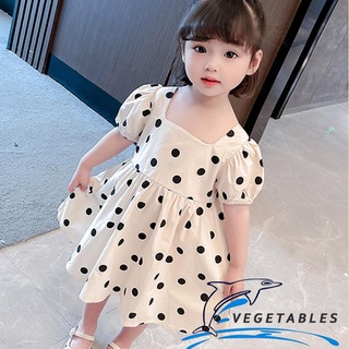 ZHY-Girls Summer Casual A-line Dress Beige Short Puff Sleeve Square Neck Dot Print Dress