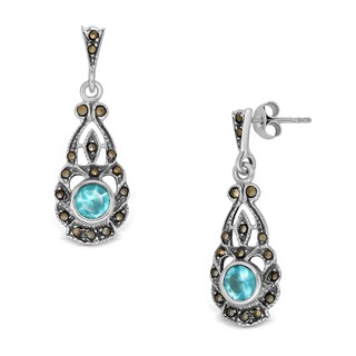 MachuSilver ต่างหูเงินแท้ 925 Sterling Silver แบบระย้าบลูโทปาซ (Blue Topaz) มาร์คาไซท์ (Marcasite) พร้อมถุงกำมะหยี่