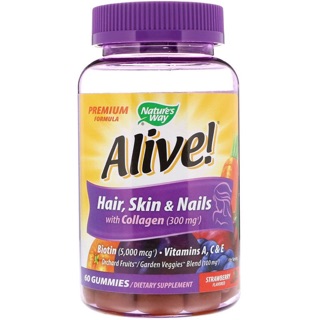 🔥Preorder🔥 Natures Way, Alive! Hair, Skin &amp; Nails with Collagen, Strawberry Flavored, 60 Gummies