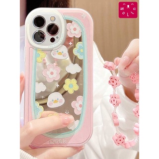 🔆 Nolin~ เคสiPhone เคสโทรศัพท์มือถือ พื้นหลังเป็นกระจก ลายดอกไม้ เป็ด พร้อมสายคล้องลายดอกไม้