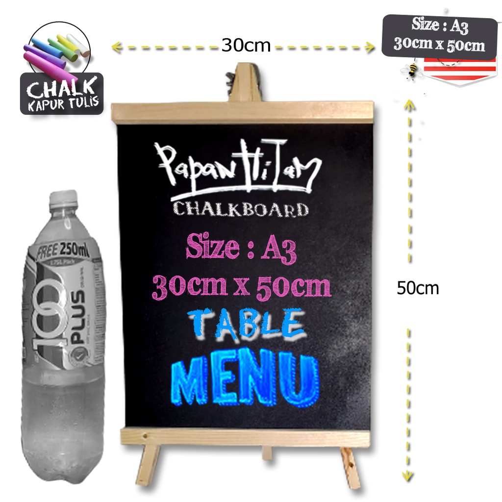 A3 (50 ซม.* 30 ซม.) เมนูตารางไม้ ChalkBoard กระดานดํา Papan Hitam Cafe (กรอบ : ไม้เป็นกลาง)
