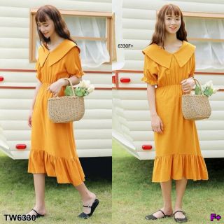 TW6330  Dress ชุด #เดรสสีเหลือง คอวีปก หน้า-หลัง แขนแต่งจั้ม เนื้อผ้าคอมพ์สีเหลือง