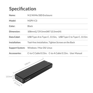 ORICO (M2PV-C3) M.2 NVMe SSD Enclosure 10Gbps Type-C Efficient Heat Dissipation