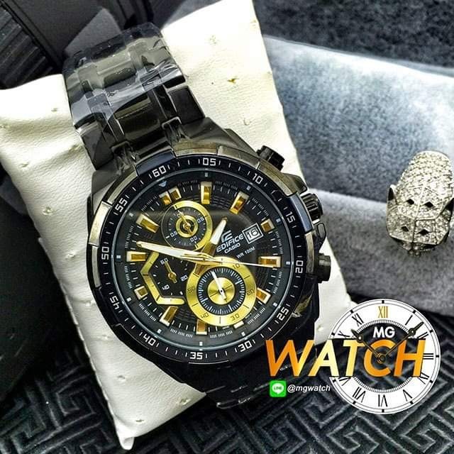 นาฬิกาข้อมือผู้ชาย Casio Edifice แท้เครื่องญี่ปุ่น  มีพรายน้ำ (เรืองแสงในที่มืด) เรือนดำ หน้าปัดทอง Mgwatch