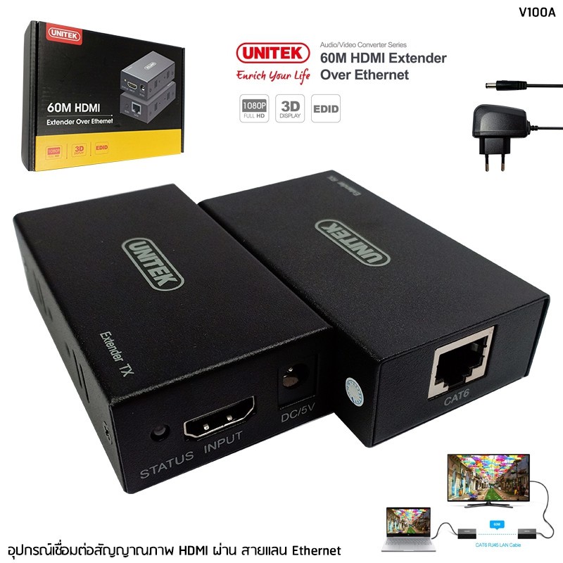 อุปกรณ์แปลงสัญญาณภาพ  UNITEK รุ่น V100A HDMI Extender 60M HDMI ผ่านสายแลน