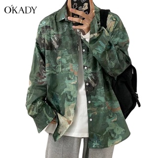 OKADY เสื้อเชิ้ตผู้ชายแขนยาวพิมพ์ลายภาพสีน้ำมันวินเทจหลวมและสบาย ๆ