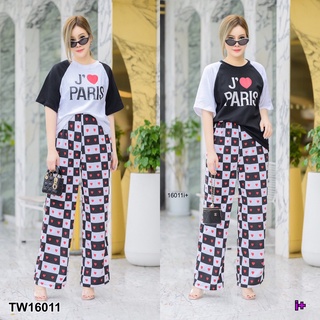 J16011 Set #สาวอวบ เสื้อแขนสั้น ไหล่สโลป + กางเกงขายาว ลายหัวใจ Short sleeve shirt slope shoulder + pants heart pattern