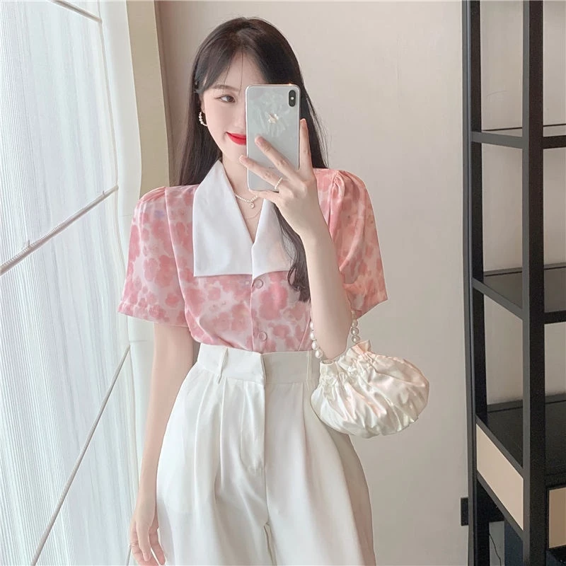 เสื้อตุ๊กตาลายดอกคอวี แขนพอง วินเทจ สีชมพู thumbnail 7