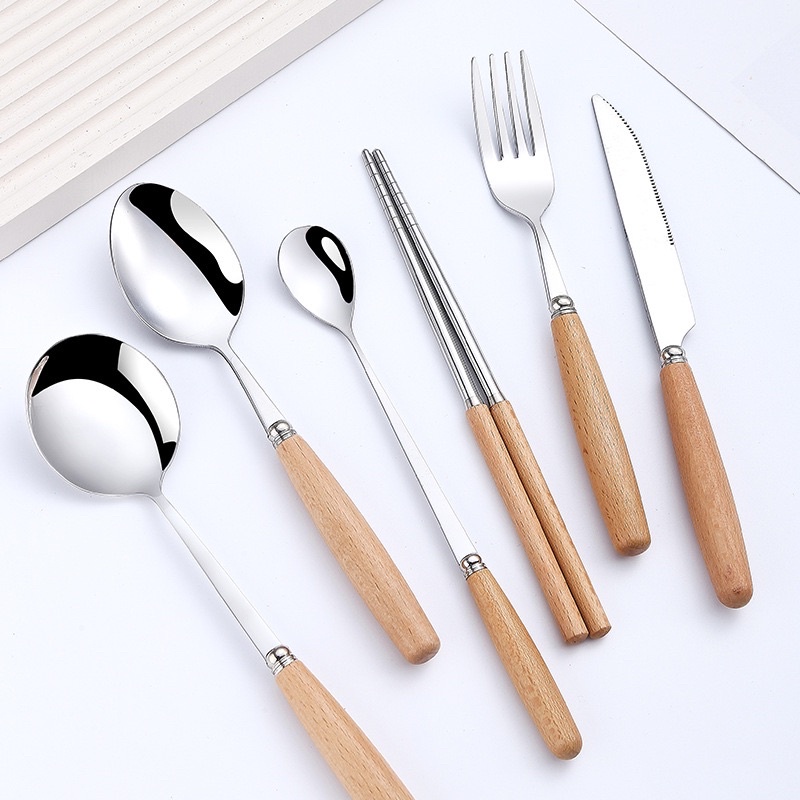 [พร้อมส่ง]🍴ช้อน ส้อม มีด ตะเกียบ ลายไม้ สวยดูดี มินิมอลสุดๆ