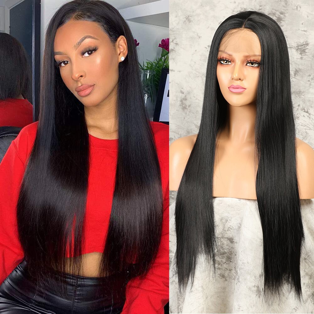 26 Inch Long Black Silky Straight Synthetic Lace Front Wigs For Women With  Baby Hair Preplucked Glueless Heat Resistant | Shopee Thailand