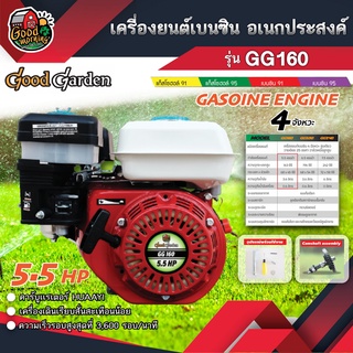 GOODGARDEN 🇹🇭 เครี่องยนต์เบนซิน รุ่น GG160 5.5HP ยี่ห้อกู๊ดการ์เด้น เครื่องยนต์เปล่า 4 จังหวะ 163cc. เครี่องยนต์