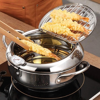 ♠▽Japanese Deep Frying Pot with Thermometer Lid Stainless Steel Fried Chicken Tempura Fryer Pans Cookware Kitchen Oil Fr