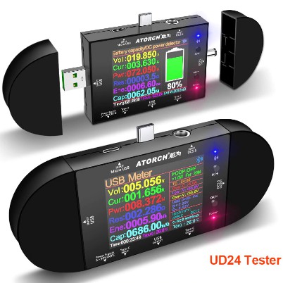 เครื่องวัดไฟ ATORCH UD24 DC5.5 USB tester PD Trigger Type-C 2.4"inch Digital voltmeter ammeter Power