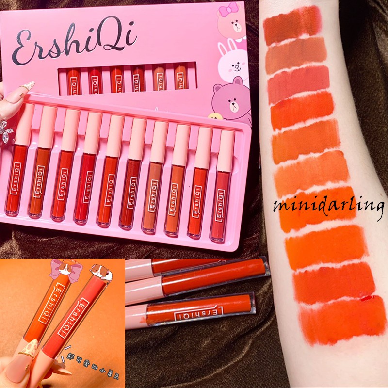 ErshiQi ลิปกลอสเนื้อแมทชุด10แท่งเพิ่มความชุ่มชื้นติดทนลิปสติกส้มอิฐแดงก่ำไม่ติดแก้วราคาถูกเครื่องส