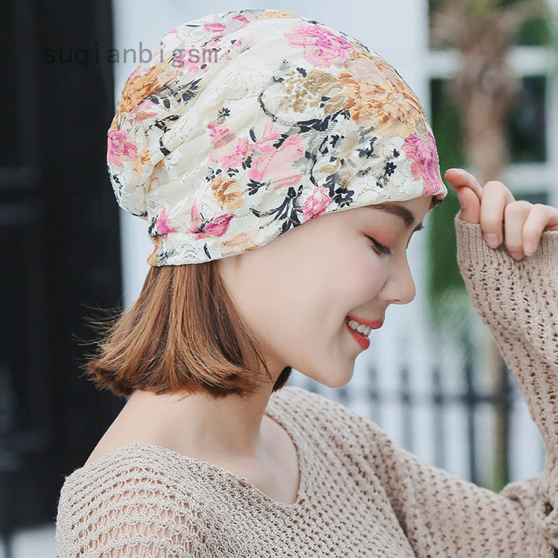 Suqianbigsm Glamourstar ดอกไม้ลูกไม้ Beanie หมวก Chemo หมวกยืด Slouchy Turban Headwear Rose Sapphire at ผู้หญิงs ร้านเสื้อผ้า