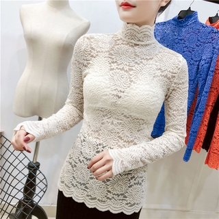เสื้อแขนยาว คอเต่า ผ้าตาข่าย แต่งลูกไม้ สวยหรู สไตล์เจ้าหญิง สําหรับผู้หญิง
