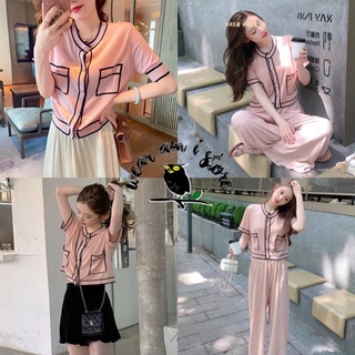 (W0210) เสื้อครอปแขนสั้นผ้านิตติ้งสีชมพูนม แต่งกระดุมหน้า