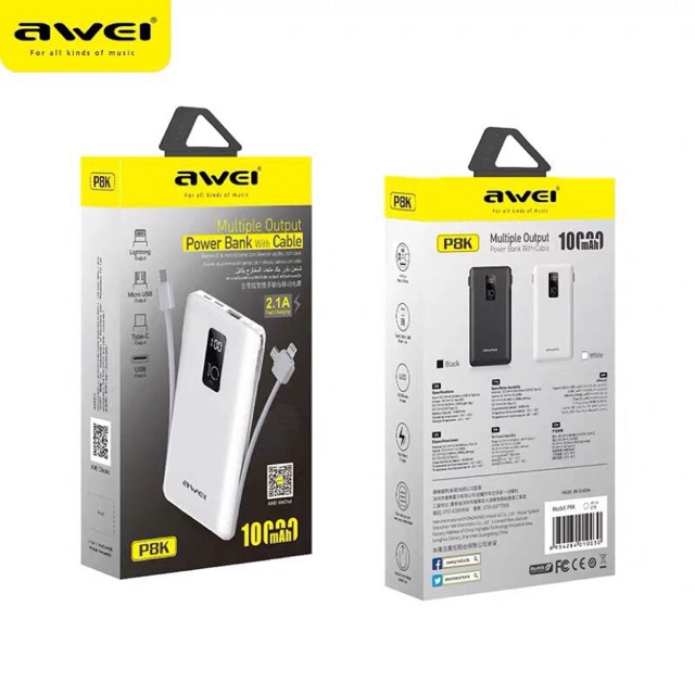 Awei P8K 10000 mAh พร้อมสายชาร์จในตัว