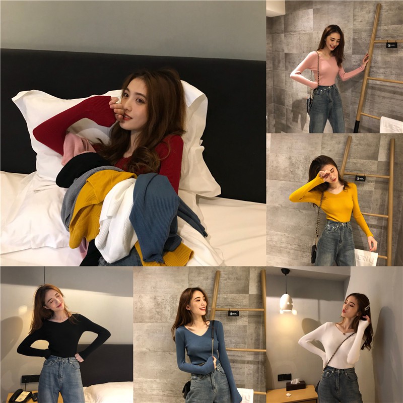 MKL พร้อมส่ง!!! Knitted V-neck เสื้อไหมพรม คอวี สีพื้น แขนยาว ผ้านุ่มไม่หนา ใส่สบาย #9967