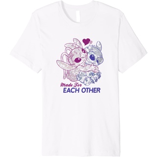 tshirtเสื้อยืดคอกลมฤดูร้อนเสื้อยืดแขนสั้นลําลอง พิมพ์ลาย Disney Lilo &amp; Stitch Valentines Day Stitch &amp; Angel Premium สํา