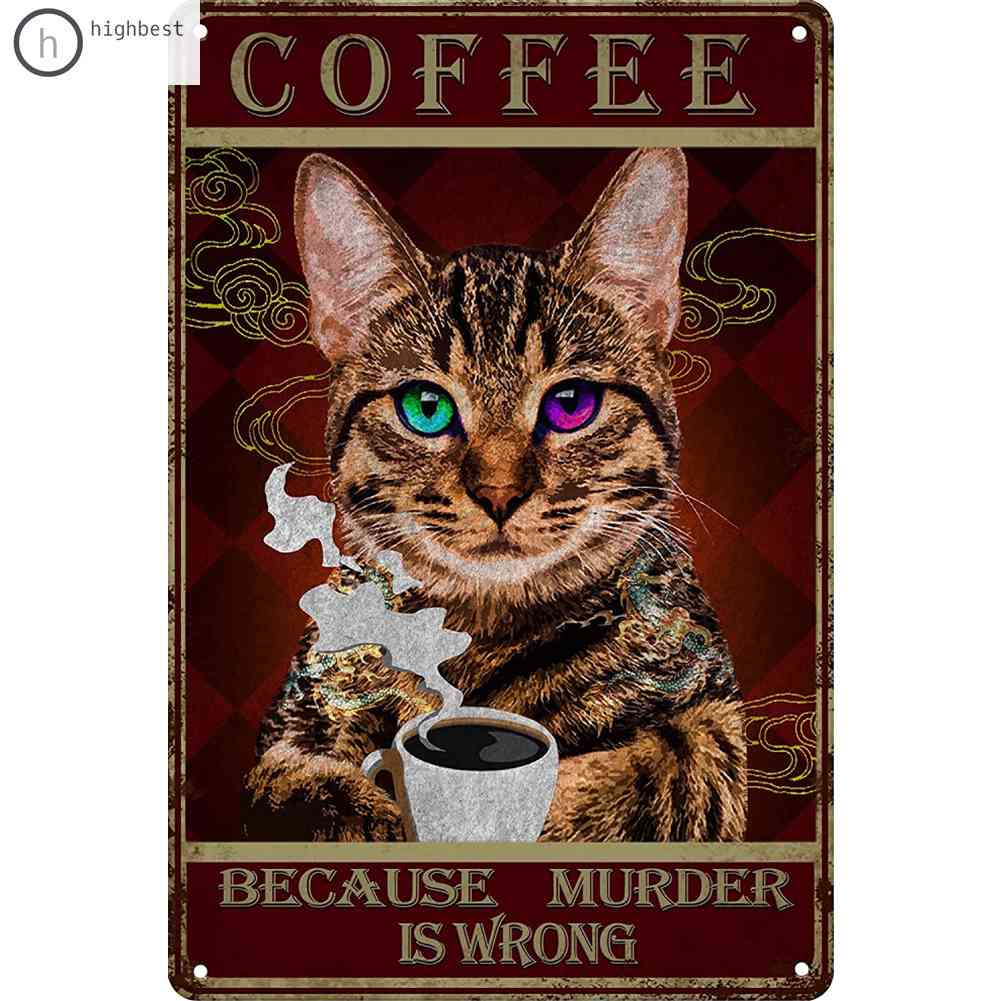 โปสเตอร์แผ่นโลหะดีบุก ลายแมวกาแฟ สไตล์วินเทจ สําหรับบาร์ คาเฟ่ บาร์