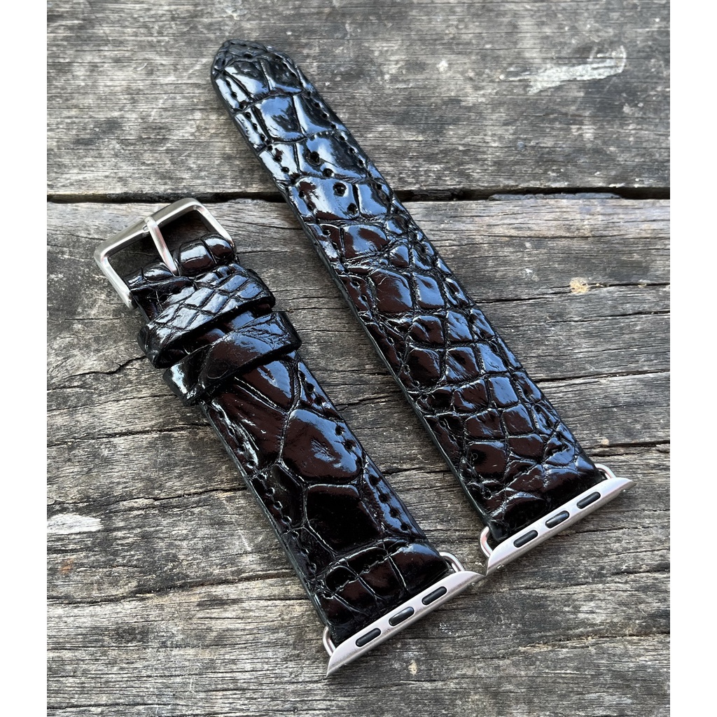 สายนาฬิกาหนังจระเข้แท้100% สีดำ สำหรับ Apple watch 42MM 44MM 45MM ตัวเชื่อมสีเงิน