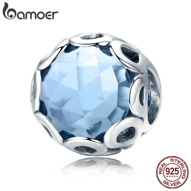 BAMOER Charm Round Beads fit Bracelets Necklaces  Making 925 Sterling Silver Blue Crystal CZ SCC755