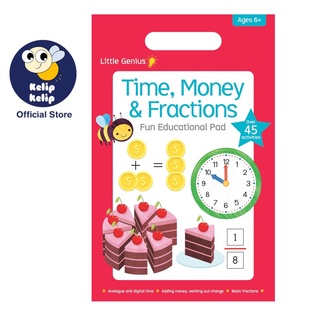 Little Genius Time Money &amp; Fractions Pad สมุดกิจกรรม พร้อมสติกเกอร์ 48 หน้า และสติกเกอร์รางวัล สําหรับเด็กอายุ 6 ปีขึ้นไป