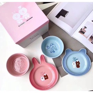 LeCreuset cool color brown bear Keni rabbit ear ceramic childrens tableware 4-piece set cute cartoon bowls and plates