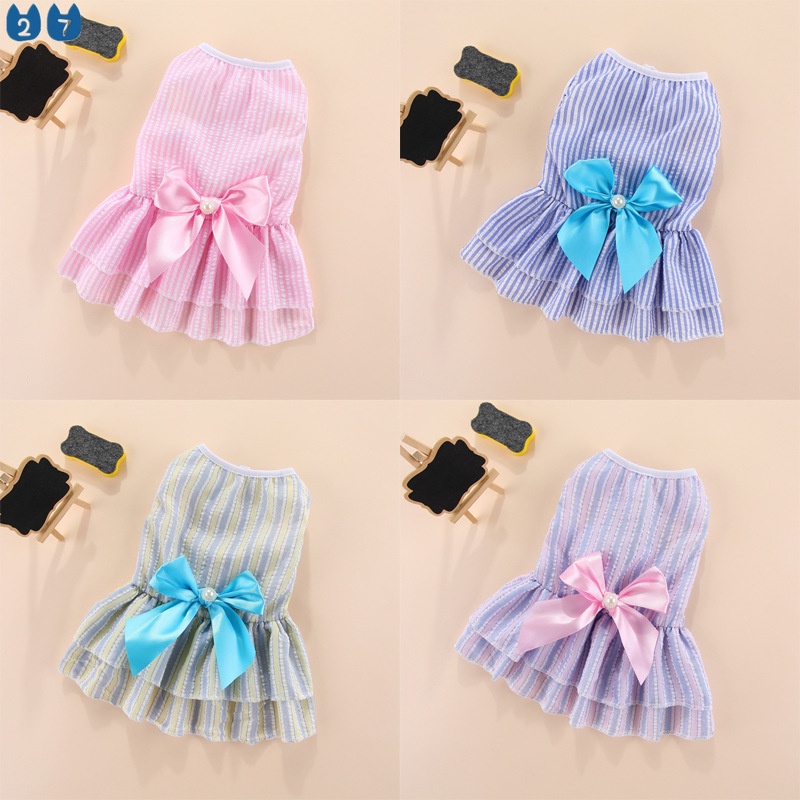 27PetsStrip Bow Design Pet Dress Dog Cat Shirts