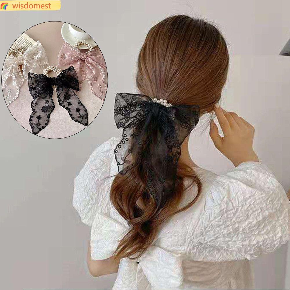 WISDOMEST Lace Pearl Hair Ropes Bow Headband Hair Accessories Hair