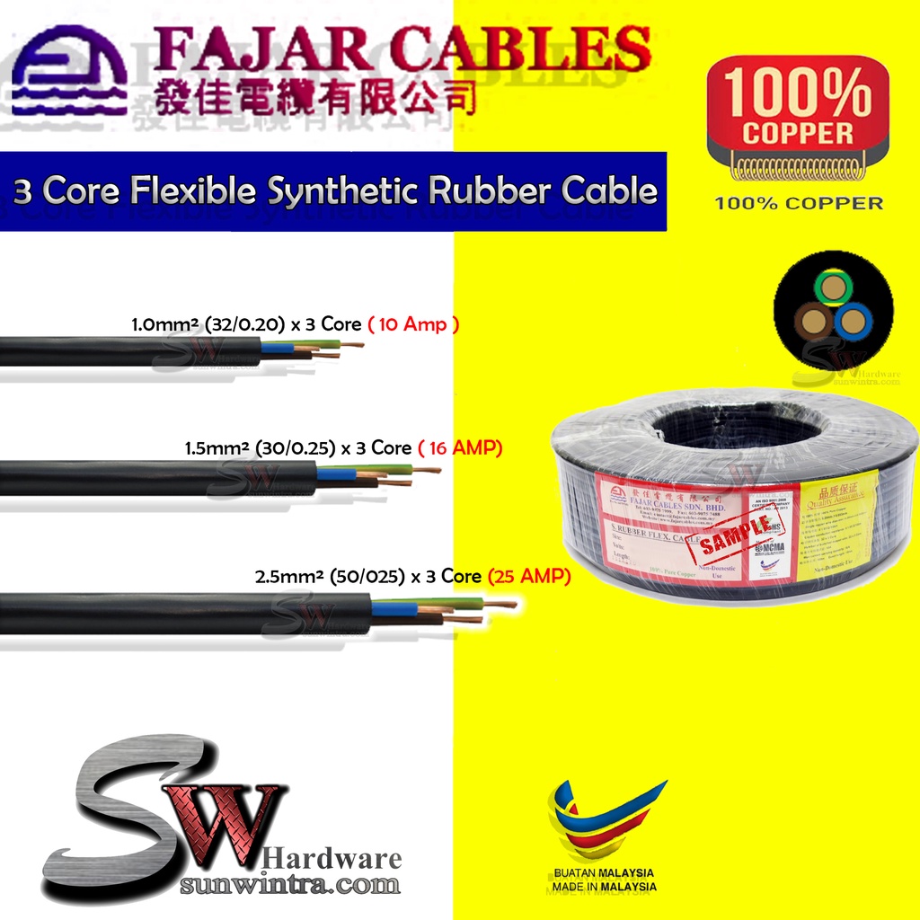 (PRICE PER METER) Fajar Full Cooper สายยืดหยุ่นยางสังเคราะห์คุณภาพดี 3 Core 1mm / 1.5mm / 2.5mm x 3C