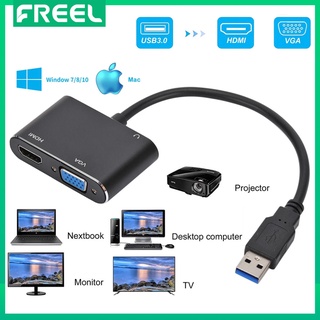 Freel อะแดปเตอร์แปลงสายเคเบิล USB 3.0 เป็น HDMI VGA เอาท์พุตคู่ 2in1 USB เป็น VGA HDMI HD 1080P สําหรับ Mac OS Windows 7 8 10