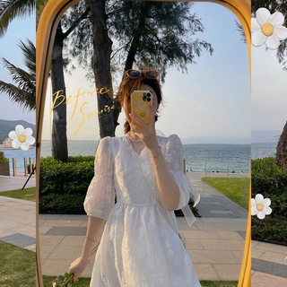 ❇♨S-XL เวอร์ชั่นเกาหลีย้อนยุคแขนพัฟพิมพ์ตาข่ายสีชมพูขาว A-line เดรสแขนสั้นกระโปรงยาวฤดูร้อน