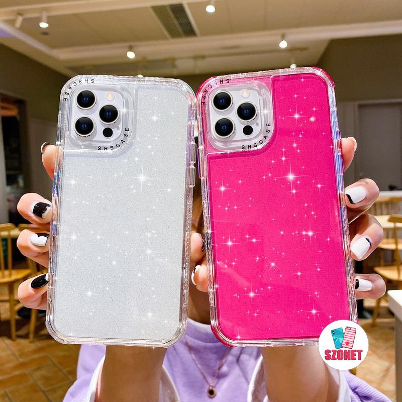 3 in 1 เคสโทรศัพท์มือถือแบบแข็ง ใส กันกระแทก แต่งกลิตเตอร์ ระยิบระยับ สําหรับ iPhone 15 14 13 12 11 Pro Max XS XR X 8 7 Plus SE2020