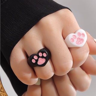 แหวนอุ้งเท้าแมวสีขาวดำชมพู 2pcs Black and White Paw Detail Heart Design Ring