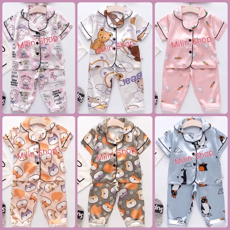 ♞ ☑????โปร ชุดนอนเด็ก แขนสั้นขายาว ผ้าซาติน พร้อมส่งจากไทย ...