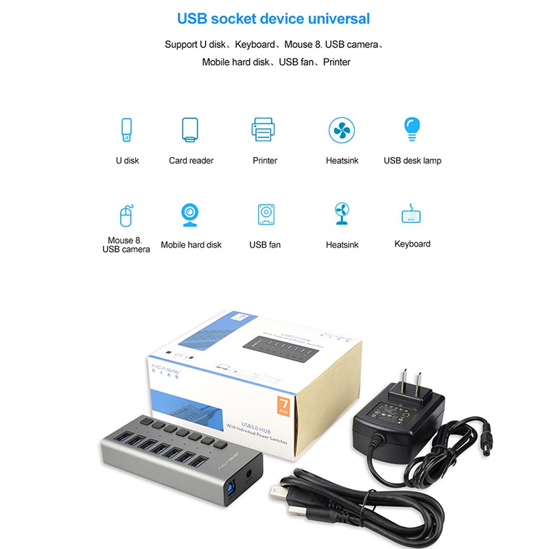 ACASIS 7 Port USB 3.0 HUB Support BC1.2 Charging with 12V Power Adapter Aluminum USB Splitter For  Accessories Desktop OTG