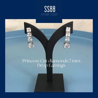 SS88Jewelry Princess Cut diamonds Drop Earrings  เพชรขนาด 7 มิล และ 3 มิล ตัวเรือนเงินแท้ชุบทองคำขาว เพชรฝังมือทุกเม็ด