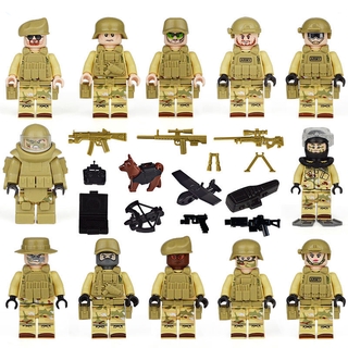 12PCS SWAT Marines Police Warrior Minifigures Building Blocks Dolls with Accessories Figures Brown Dog Children Cartoon Characters Toy Boys Gifts