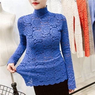 New Korean lace bottoming shirt womens long sleeve high collar mesh micro-through coat slim stretch sexy gauze clothing