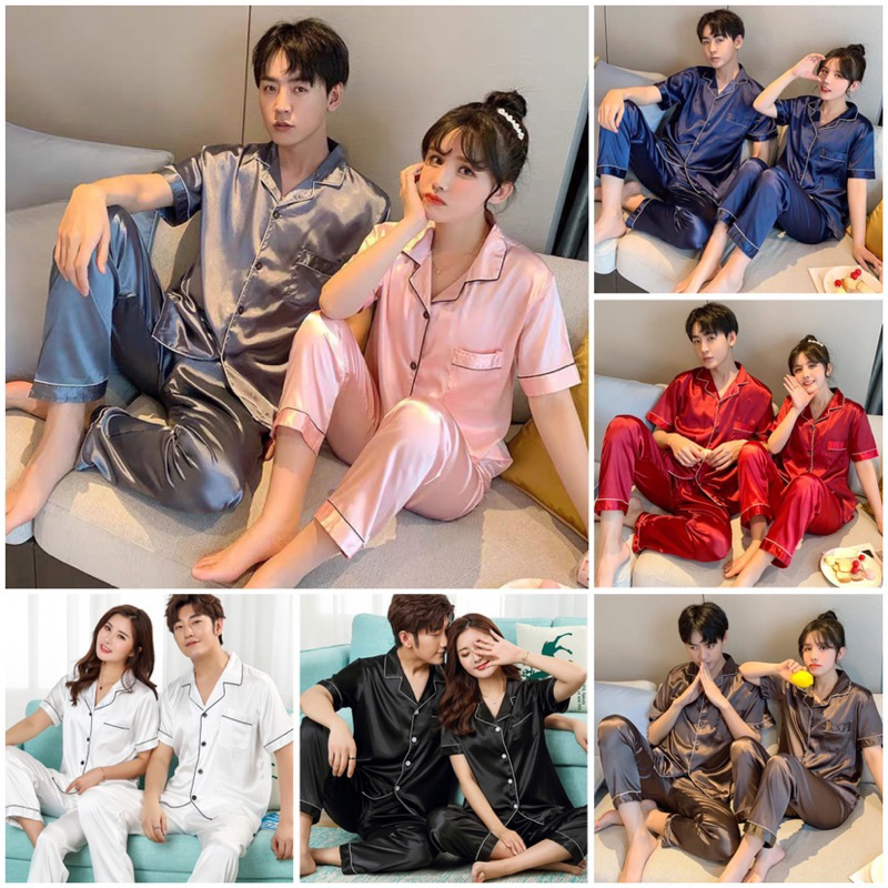 Family 🎶 🔥ชุดนอนผ้าซาตินแขนสั้นขายาว สีพื้น ชาย-หญิง M-2XL 🔥 #SL31