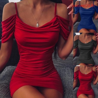 Womens   Spaghetti Strap Cold Shoulder Silk Dress Short Sleeve Bodycon Pencil Dress Ladies Solid Color Nightclub Party Mini Dresses Plus Size