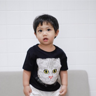เสื้อเด็ก Kid Tshirt  ลายแมว สีดำ ผ้านุ่ม COTTON 100% เสื้อยืด เสื้อยืดเด็ก