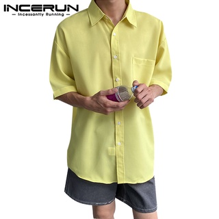 Incerun เสื้อเชิ้ตลําลอง คอปก แขนสั้น สีพื้น ติดกระดุม สไตล์ชายหาด สําหรับผู้ชาย