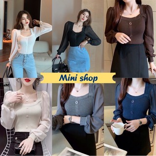 Mini Shop🌸พร้อมส่ง (9986) เสื้อแขนยาวไหมพรมกระดุมแฟชั่น แขนเป็นซีทรูน่ารักมาก💖