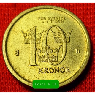 เหรียญต่างประเทศ สวีเดน ปี 2002 ชนิด 10 Kronor สีทองอร่าม ขนาด 20.5 มม. 3 มงกุฏ เหรียญหนา หายาก สวยน่าสะสม