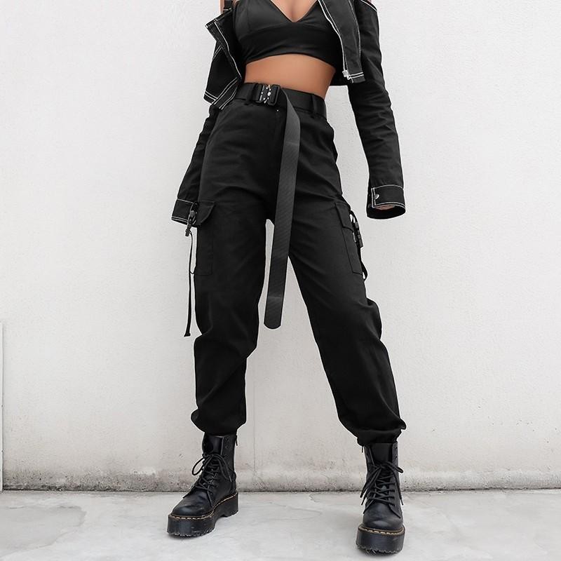 Streetwear Cargo Pants Joggers Ribbon สีดําพร้อมเข็มขัด